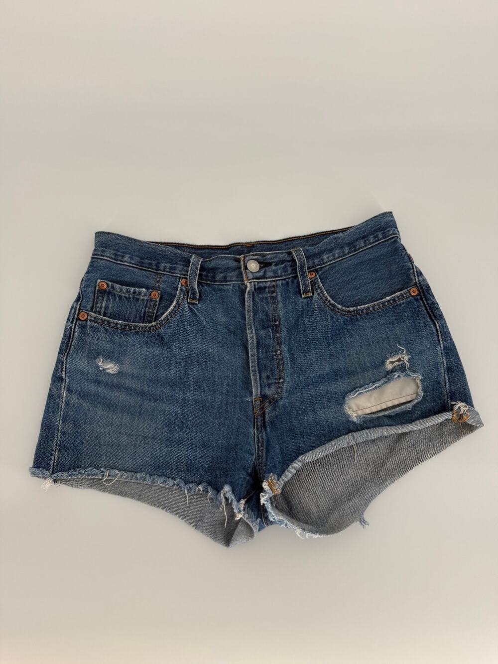 Levi’s 501 Original Shorts Womens W29 Blue High Rise Distressed Button Fly Denim